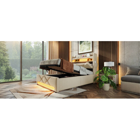 Lit individuel 90×200 cm, rangement supérieur, ports USB/Type‑C, LED sommet et pieds, rangement hydraulique, lin beige, avec matelas. (1/5)
