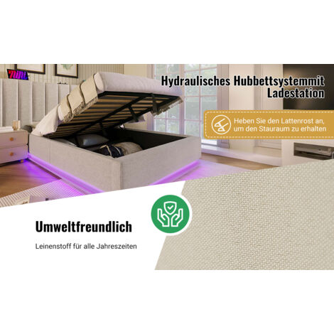 Lit superposé de 180×200 cm. Lit double avec rangement intérieur. La literie est fournie en tissu de lin de couleur beige. Pas de matelas ni de bureau de nuit inclus. (1/5)