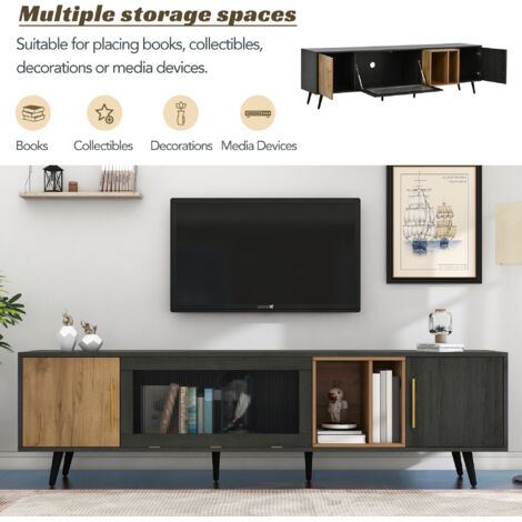 307691692GAA) Meuble de télévision élégant, dimensions : 200 x 40 x 55,5 cm. Matériau du bois : bois foncé avec des motifs en bois. Conçu pour un téléviseur de 90 pouces. (1/5)