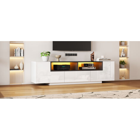 Armoire de montage pour téléviseur, de forme basse. Conçue avec un éclairage LED. Armoire dotée de portes intégrées. Idéale pour les téléviseurs de 75 pouces. Couleur blanche et noire. (1/5)