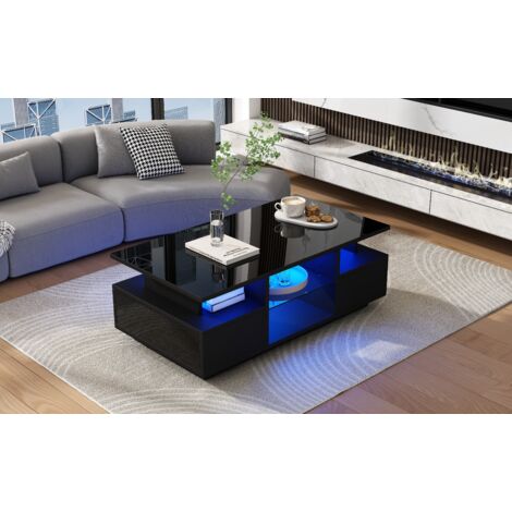 100 x 50 x 36 cm. Table de salon avec 2 tiroirs. Table d’appoint en verre brillant, équipée de LED. Table pour le café. Salle de stockage ouverte. Paravent en verre. Table pour le thé. Table de salon. (1/5)