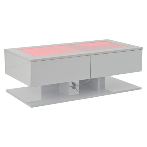 Table de salon de 100×50×35 cm, en matériau brillant. Table de salon pour le salon de vie, avec des tiroirs. Table à café équipée d’une lumière LED. Plateau en verre. Couleur blanche. (1/5)