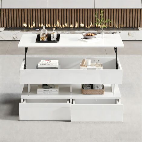 100 x 50 x 46 cm. Table de salon/table basse réglable en hauteur, avec un espace de rangement caché. Tablette brillante, équipée de LED. Table pour le café avec 2 tiroirs. Couleur blanche. Matériau : (1/5)