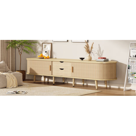 Compartiment pour télévision et meubles de rangement. Tablette arrondie en bois MDF. Il y a 2 tiroirs. Poids supporté : 30 kg. Dimensions : 175 x 40 x 42 cm. (1/5)