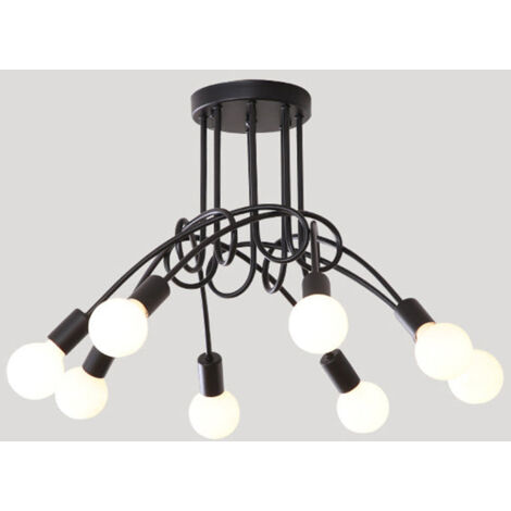 Plafonnier industriel, lustre Sputnik, plafonnier en métal à 8 têtes, lustre vintage, noir (ampoule non incluse) (1/5)