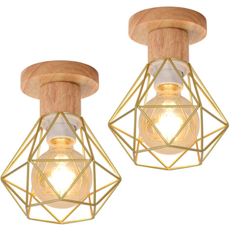 Lot de 2 plafonniers industriels E27, suspension vintage, plafonnier rétro en forme de cage en métal, éclairage de plafond pour salon, cuisine, doré (1/5)