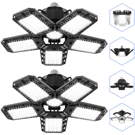 Lot de 2 lampes de garage LED, plafonnier de magasin à LED, lumière LED à visser 6 500 K avec 5 + 1 panneaux déformables, pour sous-sol d'atelier, E27 (1/5)