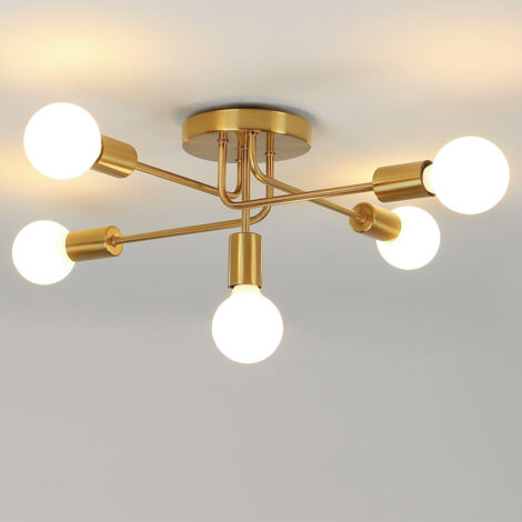 Plafonnier industriel, lustre Sputnik, 5 lumières E27 en métal, plafonnier, lustre doré (ampoule non incluse)