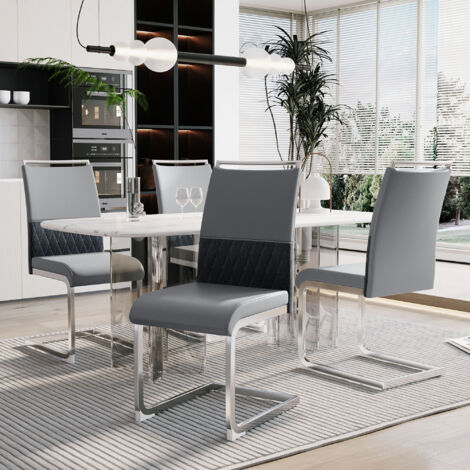 Chaises de salon modernes en série de 4 pièces. Le dossier est fait de cuir synthétique et de lin. Le dos est recouvert de coussins. Design de la bordure du dossier pour un meilleur confort. (1/5)