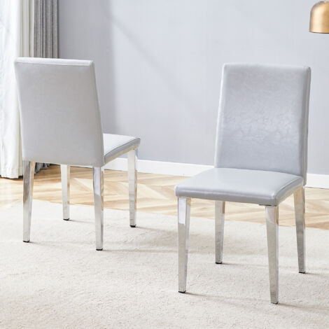 [2e set de chaises minimalistes pour les salons] Un luxe européen élégant dans une couleur gris argenté : cuir PU structuré de couleur gris clair, pieds métalliques de couleur argentée. (1/5)