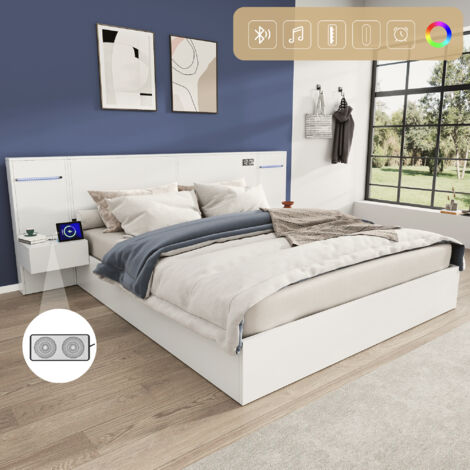 Lit double de 180×200cm.Lit en bois.Il est équipé d’un port USB,d’une horloge électronique, d’un haut-parleur Bluetooth, d’un système de commande de l’éclairage en couleurs.(sans tiroirs)Lit en bois,b (1/5)