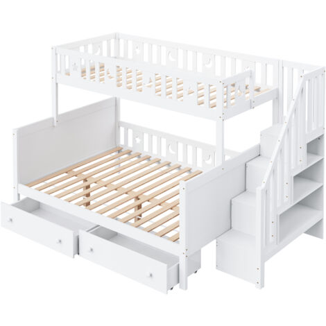 Cadre de lit superposé pour enfants, doté d'une échelle de sécurité avec rangements intégrés et de deux tiroirs de rangement mobiles (matelas non inclus). Dimensions : 241 x 145 x 160 cm. (1/5)
