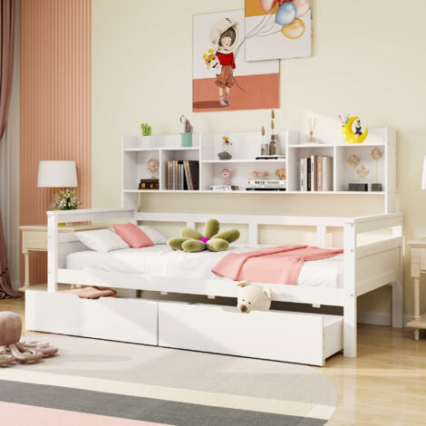 Canapé lit de 90x200 cm, tiroirs et étagères, sommier en bois, lit pour enfants, lit pour adolescents, lit individuel, lit en bois massif, blanc (1/5)