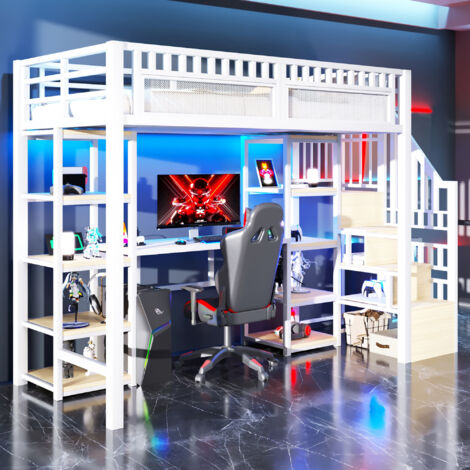 Lit escamotable, dimensions : 90 x 200 cm. Cadre en fer. Espace pour ranger des objets divers. Échelle avec compartiment de rangement. Bureau. Bande lumineuse LED. Prise USB incluse. Pas de matelas fo (1/5)