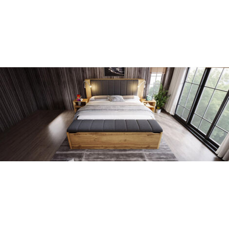 Lit double 160x200 cm. Bois, sommet repliable, rangements latéraux, lit appoint, luminaire USB. Bois mûrier, pas de matelas. (1/5)