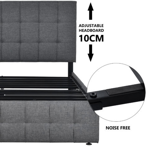 Lit avec 4 tiroirs, double, sommier en barres, espace de rangement intégré. Structure réglable en hauteur, dessus quadratique, support métal, matériau lin. 140×200 cm, gris (sans matelas). (1/5)