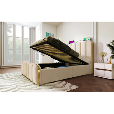 Lit single 90×200 cm, sommier rembourré, tête de lit décorée de bandes dorées. Charge USB Type-C, structure lin, lit à ressorts avec matelas. (1/5)
