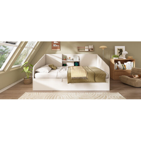 Lit hydraulique 90x200 cm, bois blanc, 2 compartiments supplémentaires. USB/Type-C, revêtement lattes, lit individuel sans matelas. (1/5)