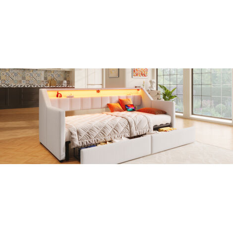 Daybett 90x200 cm. Ports USB/Type-C, bande LED, 2 tiroirs, poches de rangement, lit élargi multifonctionnel, sans matelas, couleur beige. (1/5)