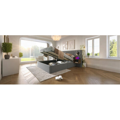 =AB30260234G= Ensemble chambre 160×200 cm. Lit hydraulique, 2 tables de nuit, lumière lecture USB. Tissu doux gris (sans matelas). (1/5)