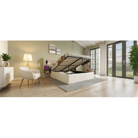 Ensemble complet chambre à coucher : lit hydraulique, meuble de rangement, lit double 180×200 cm, 2 commodes. Structure avec lumière de lecture et charge USB, tissu beige velours (sans matelas). (1/5)