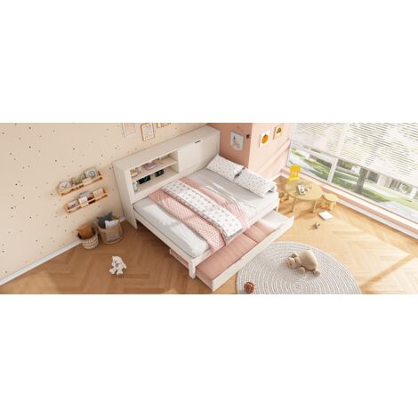 Canapé-lit double 140×190 cm, lit extérieur 90×190 cm. Structure blanche, compartiments (ouvert/secret), USB/USB-C. Matelas à pieds, sans matelas. (1/5)