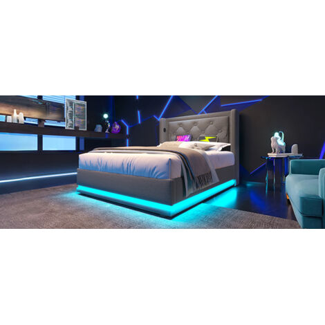 Lit individuel 90×200 cm, coton gris, rangement hydraulique, dessus rembourré, charge USB Type-C, LED sur trois côtés (sans matelas). (1/5)