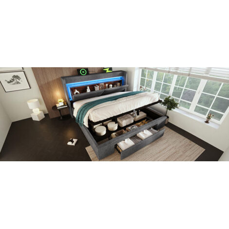 Lit 180x200 cm, stockage hydraulique, tête de lit à compartiments. LED, USB/USB-C, cadre bois, gris, sans matelas. (1/5)