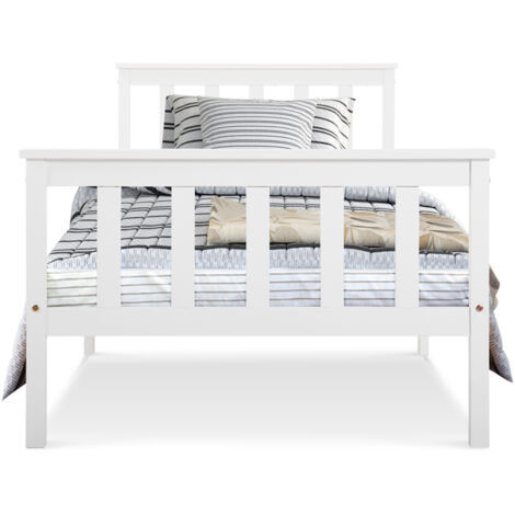 Lit en bois massif, lit individuel 90 x 200 cm, cadre et structure en chêne massif, couleur blanc, pour enfants et adolescents. (1/5)