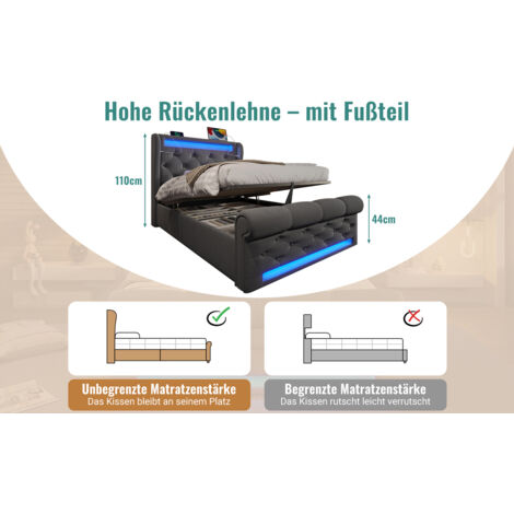Lit moderne individuel 90x200 cm, avec lumières LED, zone de rangement et prises USB/Type-C. Système hydraulique de rangement, couleur gris, matelassage velours (sans matelas). (1/5)