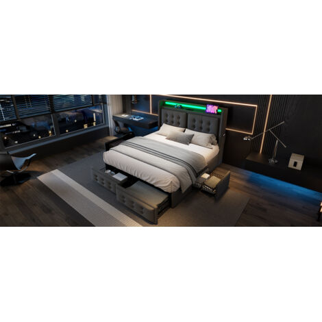 Lit double 180x200 cm, tête métal, USB C, 4 tiroirs. Côtés bois, cadre métal, 300 kg, coton gris, sans matelas. (1/5)