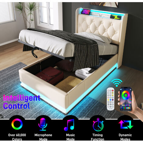 Lit individuel circulaire 90×200 cm. Fonction LED, réglable par touche, APP ou contrôleur. Matériau PU blanc, système hydraulique, coussin, sans matelas. (1/5)