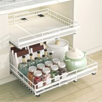 Lot de 2 étagères coulissantes, rangement pour armoires de cuisine, bandes adhésives, sans perçage, blanc