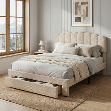 Letto Matrimoniale 140x200 Cm Con Contenitore, Testiera Con Luci LED E Porte USB, 4 Cassetti, Velluto Beige, Struttura Robusta - 2