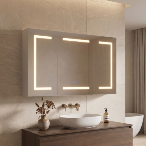 Mobile bagno con specchio 100,4x13,5x60 cm, sospeso con 3 ante, LED, anti-appannamento, presa e USB, in legno, bianco