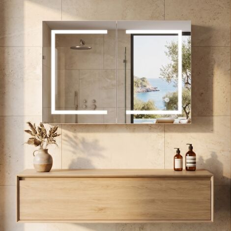Mobile bagno con specchio 80x12,5x60 cm, sospeso con 2 ante, LED a 3 colori e touch, con ripiani, in vetro, bianco