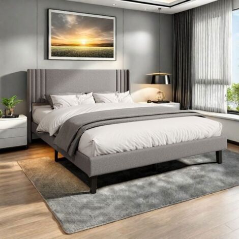 Letto matrimoniale 160x200 cm per adulti con rete a doghe - Lino grigio - Letto 160x200 cm - Stile scandinavo - Struttura del letto e testiera
