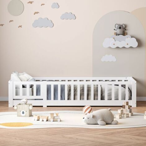 Cama infantil 90x200 cm con somieres de listones, cama simple, cama cabaña infantil con barrera de seguridad, pino macizo, 1 plaza, blanco