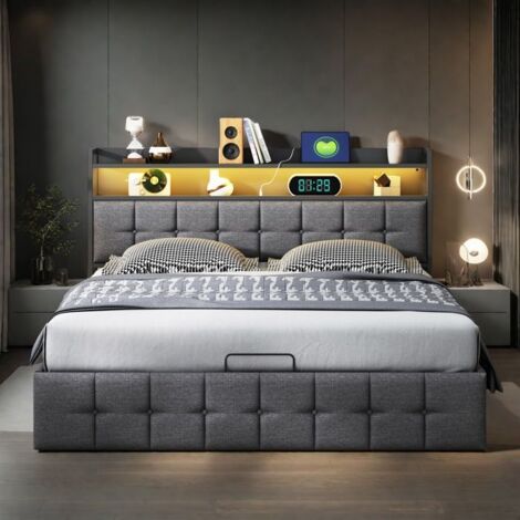 Cama con arcón 140x200 cm - TANANT - Tela Gris - LED integrada - Almacenamiento hidráulico - 2 plazas