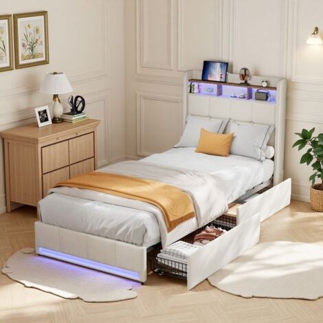 Cama infantil 90x200 cm - Cama tapizada - 2 cajones - Iluminación LED - Beige (1/5)