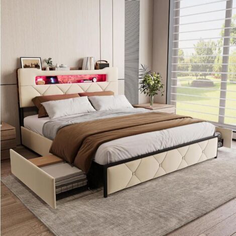 Cama doble 140x200 cm en gris, Estructura de cama para adultos 140x200 cm de metal y paneles, LED y 4 cajones, 2 personas, Somier, Terciopelo (1/5)