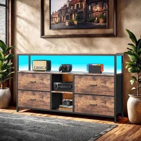Buffet de 4 cajones 3 estanterías, Buffet bajo con LED, Buffet de salón, Mueble TV, Marco de metal, Mueble de almacenamiento, Marrón