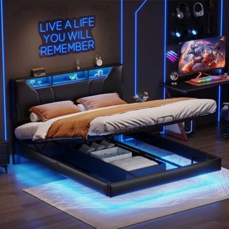 Cama litera 160x200 cm - TANANT - PU negro - LED integrada - Almacenamiento práctico - Diseño moderno