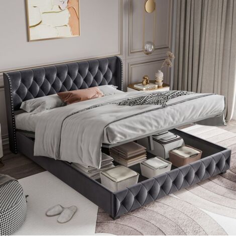 Cama litera 160x200 cm - TANANT - Tela de terciopelo gris - Somier de lamas - Gran espacio de almacenamiento (1/5)