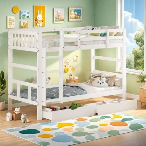 Cama litera infantil 90x200 cm, Cama individual convertible, 2 cajones, Cama mezzanine, Madera maciza, Barrera de seguridad, Somier, Blanco (1/5)
