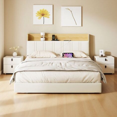 Cama 160x200 cm, Cama suspendida, Cama doble 160x200 cm con somier de lamas, Cama flotante, Cabecero con almacenamiento, LED, PU, Blanco (1/5)