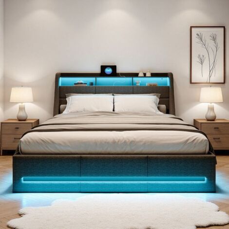 Cama lit 160x200 cm - Gris - Iluminación LED - Cabecera acolchada - Almacenamiento integrado