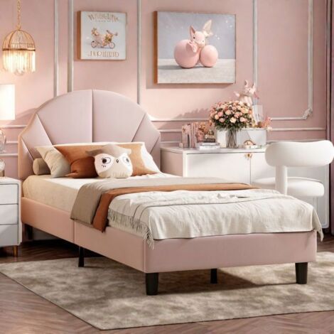 Cama infantil 90x200 cm con somier de lamas, Cama individual acolchada, Cama para niña con cabecera ajustable en altura, Tejido de terciopelo, Rosa