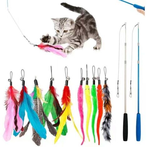 12 juguetes de plumas para gatos, juguete de caña de pescar para gatos con 2 varillas retráctiles interactivas, 10 plumas de repuesto con colgante, juguete de percha telescópica para gatos y gatitos d