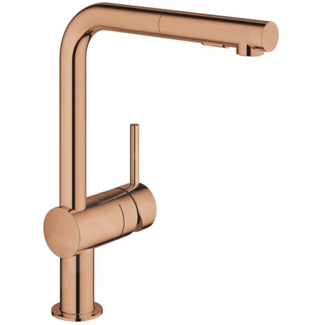 Grohe – Mitigeur monocommandé pour évier – Bec en L surélevé – Douchette extractible avec 2 jets – Finition bronze – Système de montage rapide (1/9)